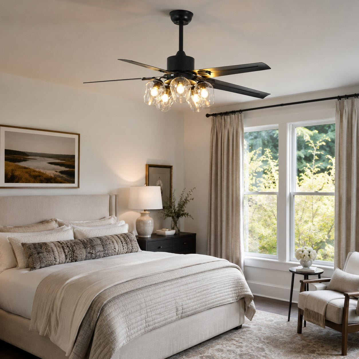 Industrial Black Ceiling Fan Light Flush Mount Metal Adjustable LED 52 Inch 60W | ribuella