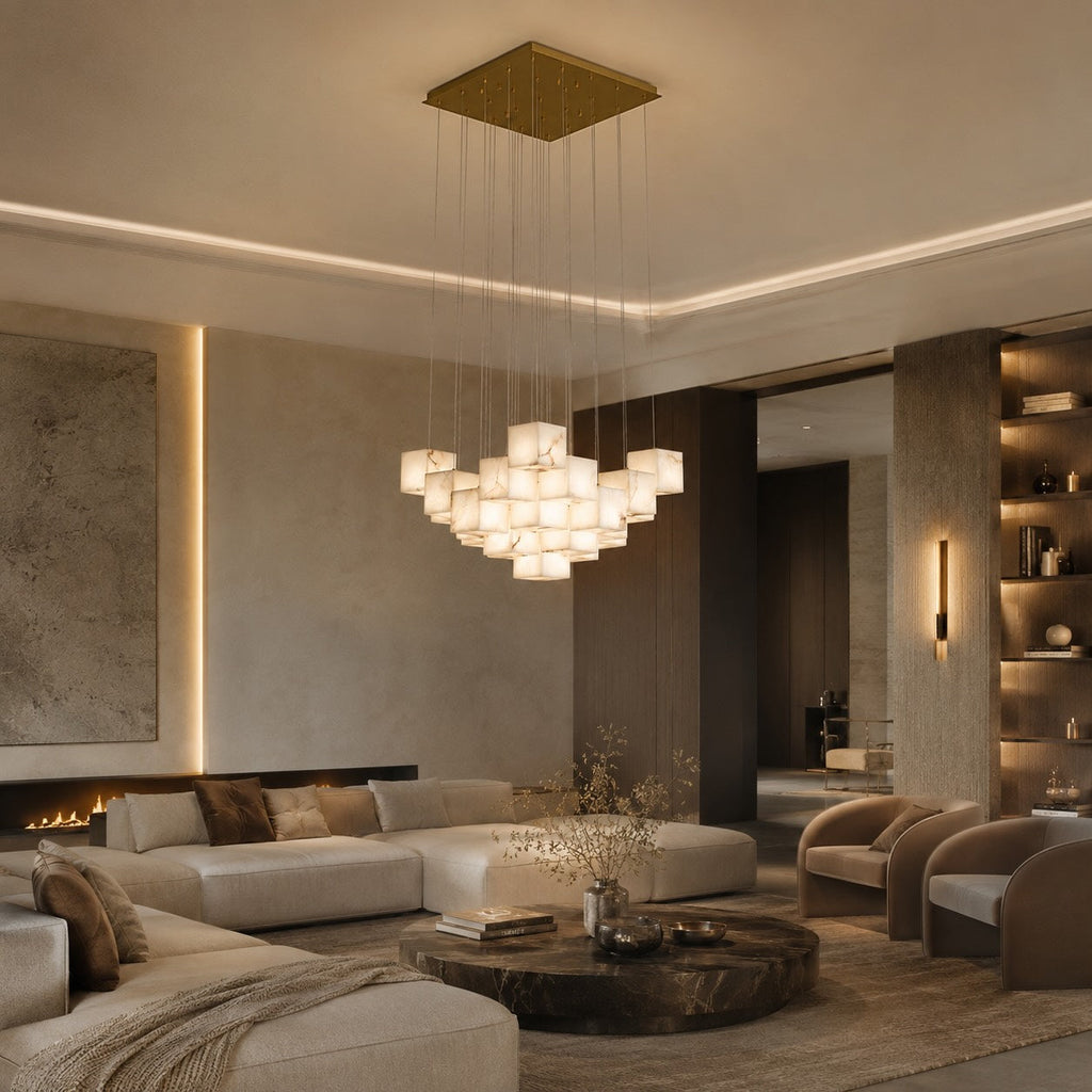 Modern Alabaster Box Pendant Light Hanging Fixture with LED Compatibility and Adjustable Height | ribuella