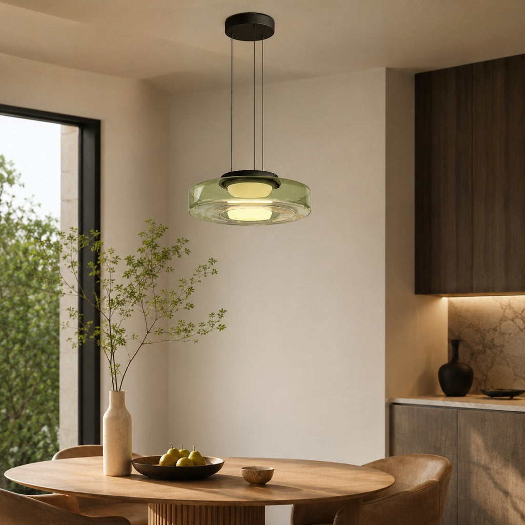 Modern Glass Pendant Light Hanging Fixture with Adjustable Height Dimmable LED and Iron Finish | ribuella