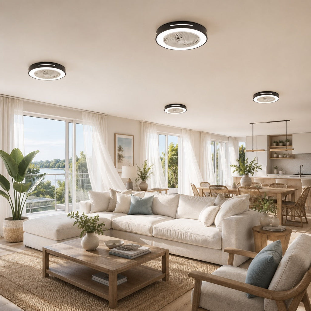 Moderner Deckenventilator ohne Flügel mit Beleuchtung, flache Montage, Eisen, einstellbare LED, 72 W, für den Wohnbereich | ribuella