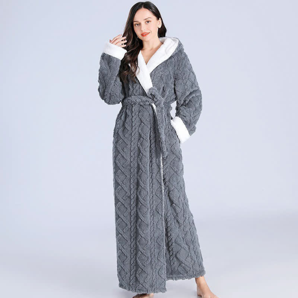 Long Warm Hooded Plush Dressing Gown — Practical Pockets Windproof Robe