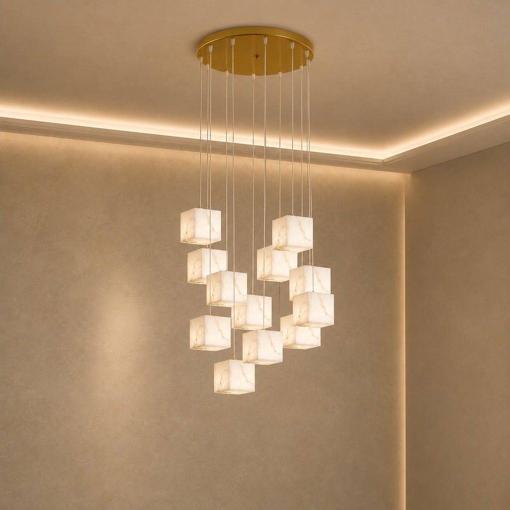 Modern Alabaster Box Pendant Light Hanging Fixture with LED Compatibility and Adjustable Height | ribuella