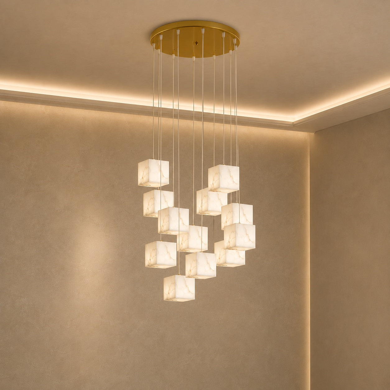 Modern Alabaster Box Pendant Light Hanging Fixture with LED Compatibility and Adjustable Height | ribuella