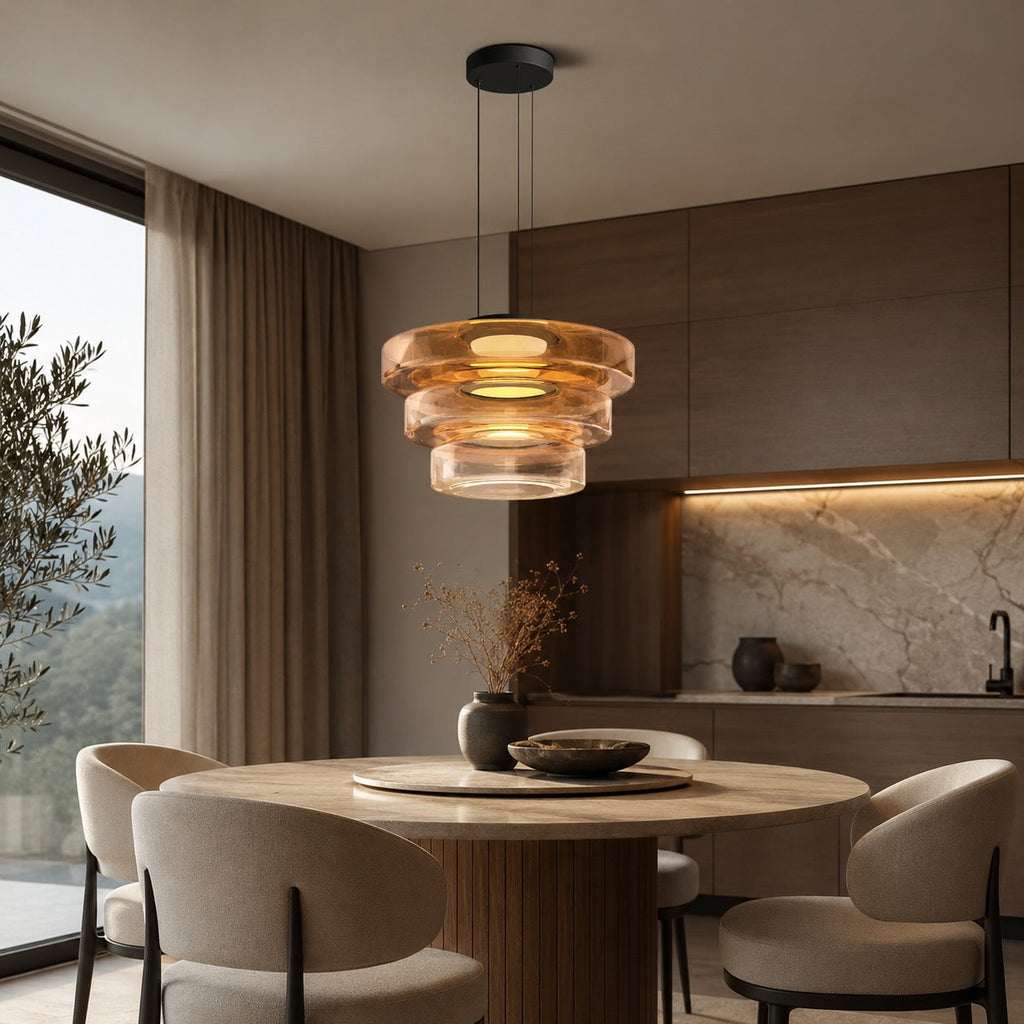 Modern Glass Pendant Light Hanging Fixture with Adjustable Height Dimmable LED and Iron Finish | ribuella