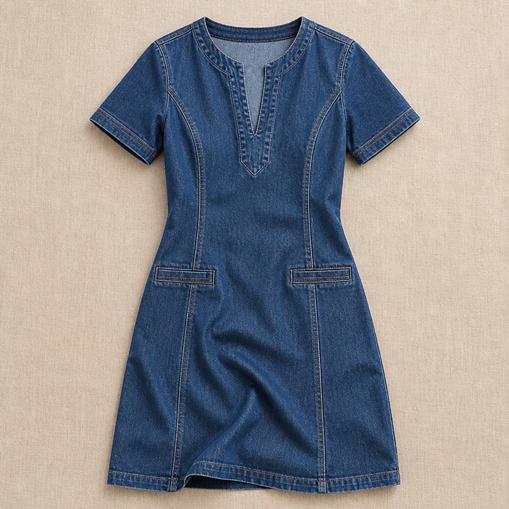 VarelaChic – Relaxed V-Neck Denim Shift Dress with Pockets | ribuella