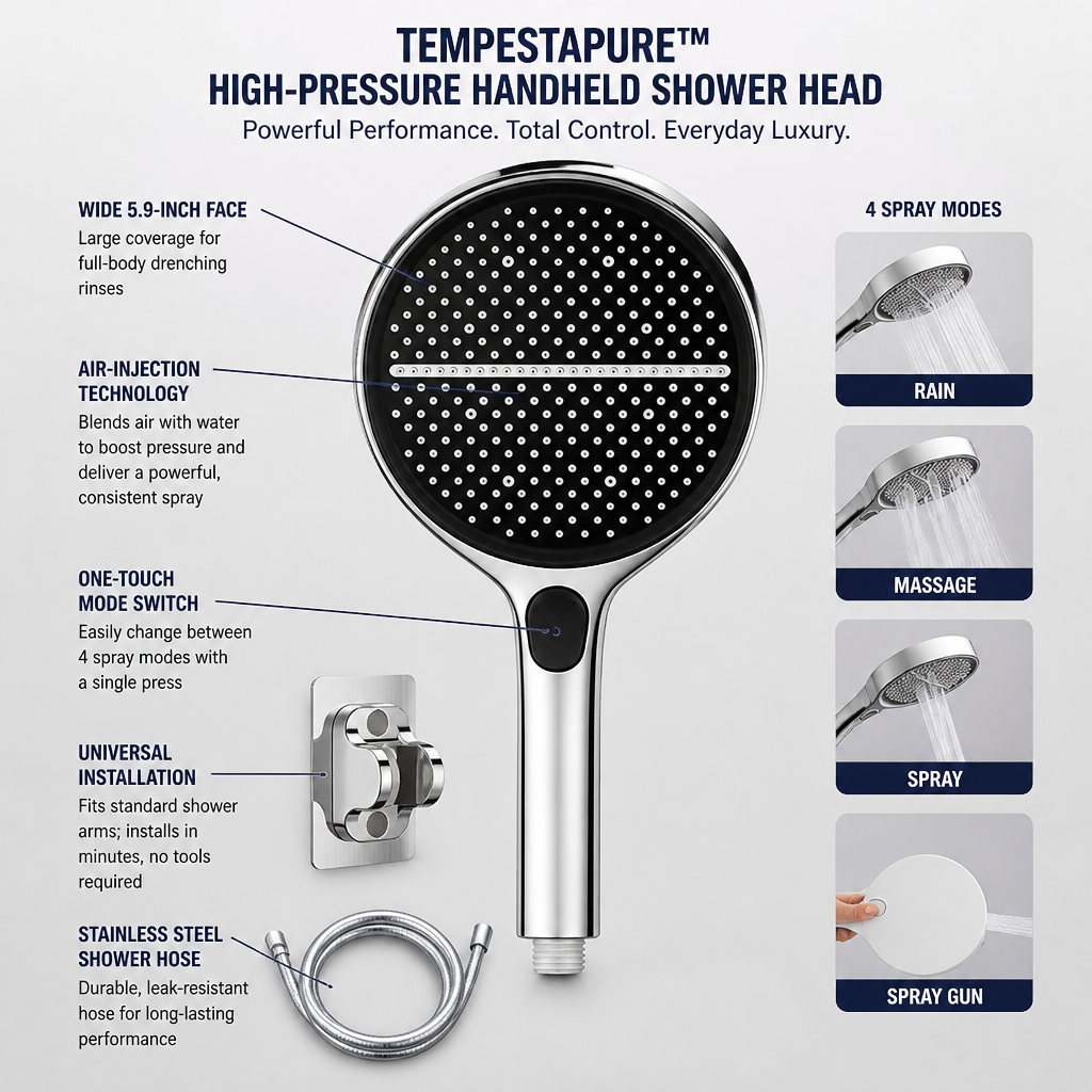 TempestaPure High-Pressure Handheld Shower Head | Ignite Your Senses with a Powerfully Revitalizing Shower Every Time | ribuella