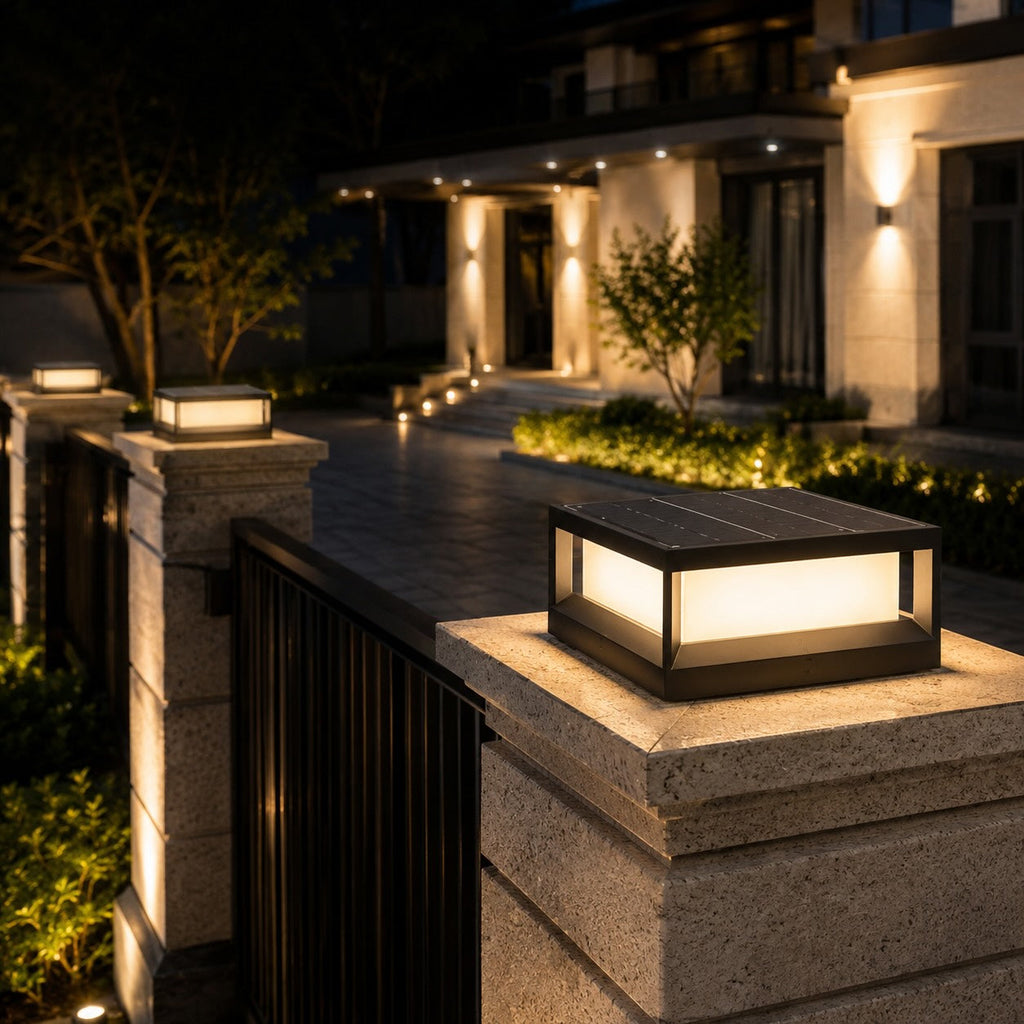 Moderne Solar-Gartenleuchten für den Außenbereich im Pfeilerdesign, wasserdicht, Aluminium, LED, 3200K | ribuella