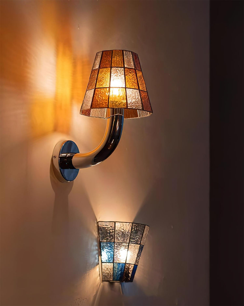 Fun Guy Wall Lamp Curved Chrome Arm And Mosaic Style Glass Shade