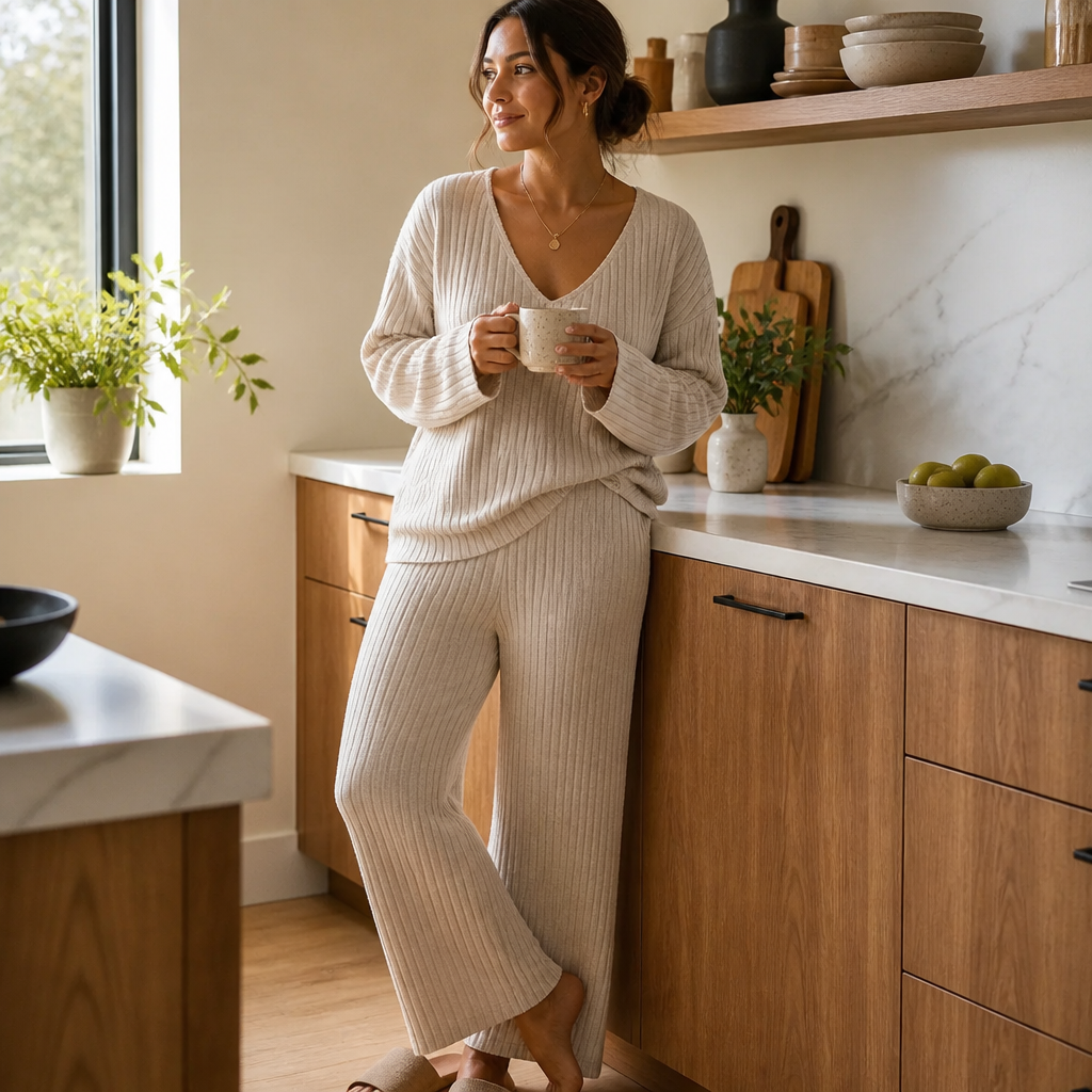 Serelis – Soft Ribbed V-Neck Lounge Set Featuring Wide-Leg Pants | ribuella