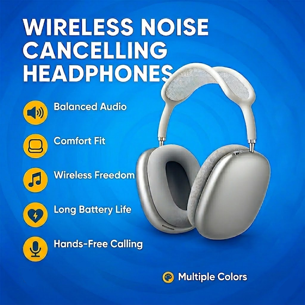 سماعات رأس لاسلكية تعمل بتقنية Bluetooth وتغطي الأذنين، بتصميم قابل للطي وعمر بطارية طويل