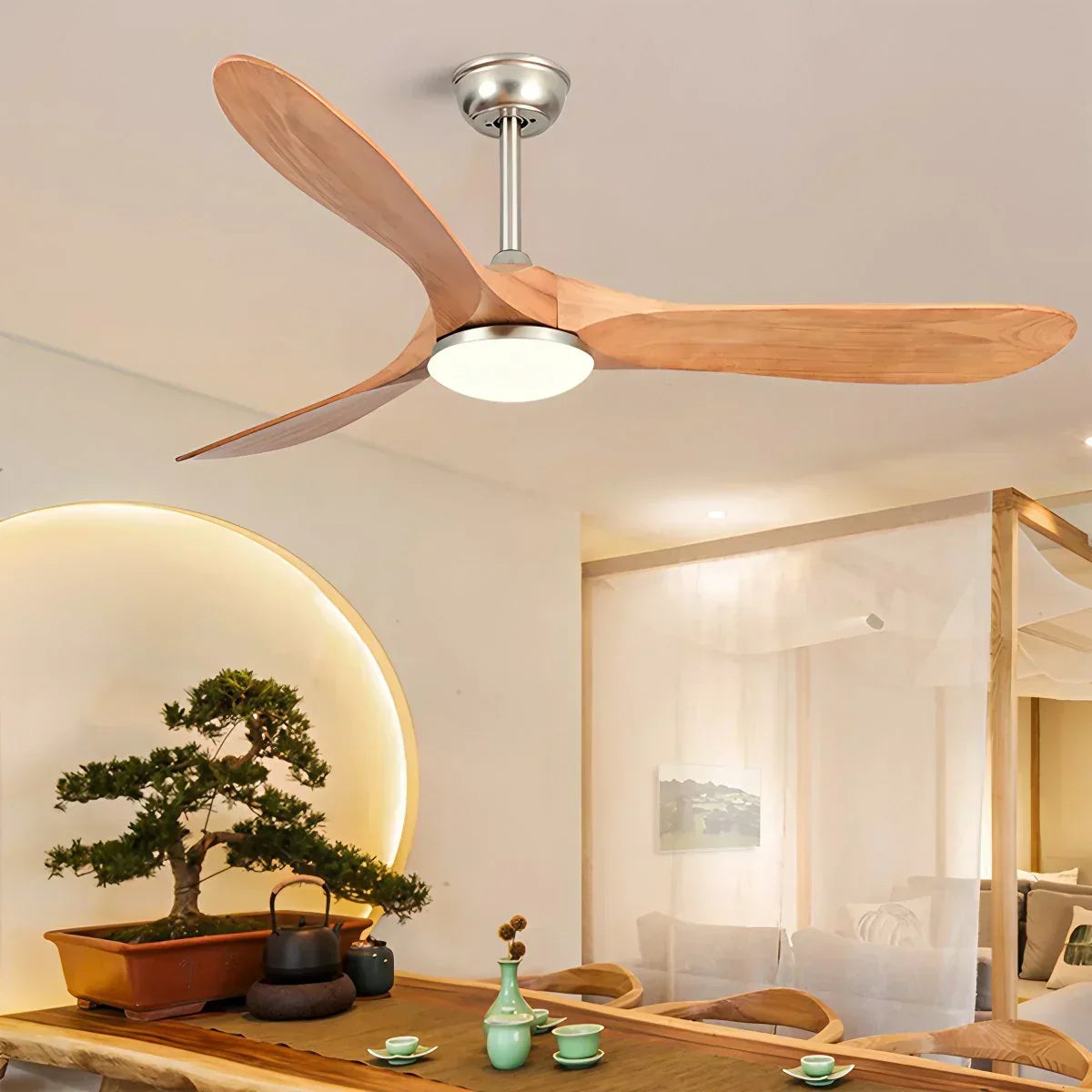 Nordic Ceiling Fan With Light And Three Solid Wood Blades