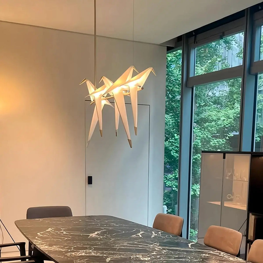 Origami Paper Crane Chandelier With Sculptural Hanging Forms