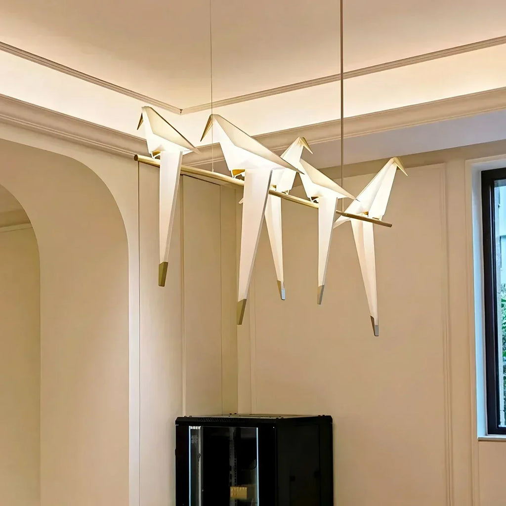 Origami Paper Crane Chandelier With Sculptural Hanging Forms