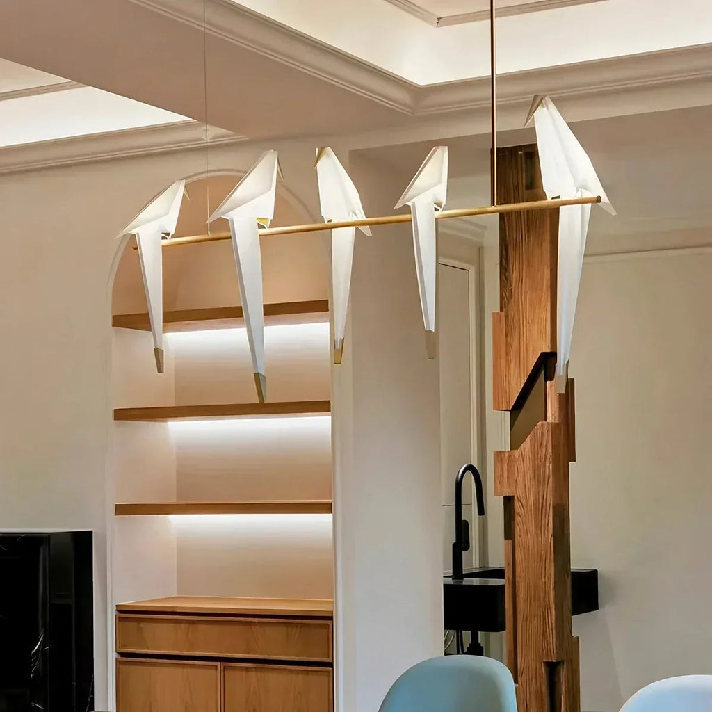 Origami Paper Crane Chandelier With Sculptural Hanging Forms