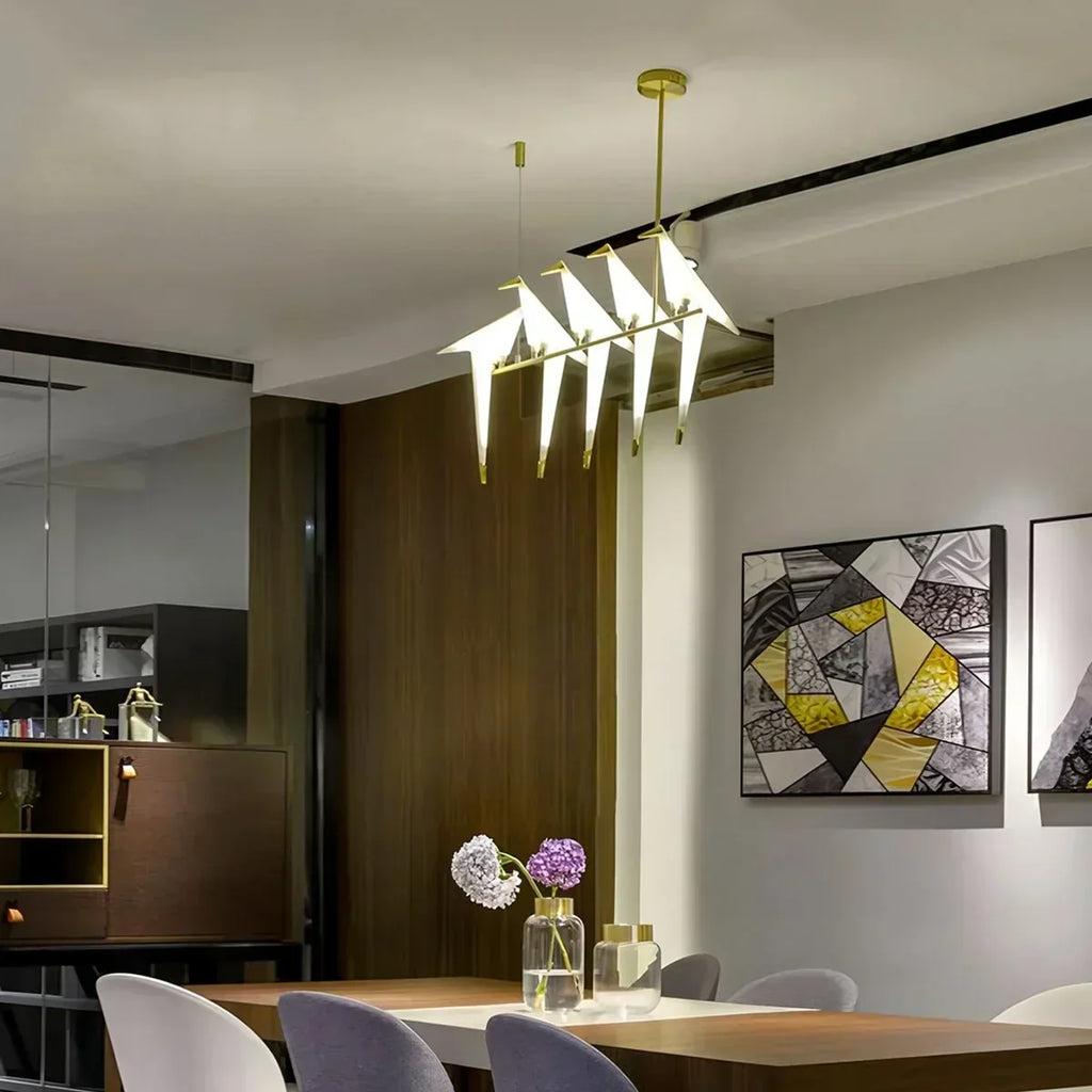 Origami Paper Crane Chandelier With Sculptural Hanging Forms