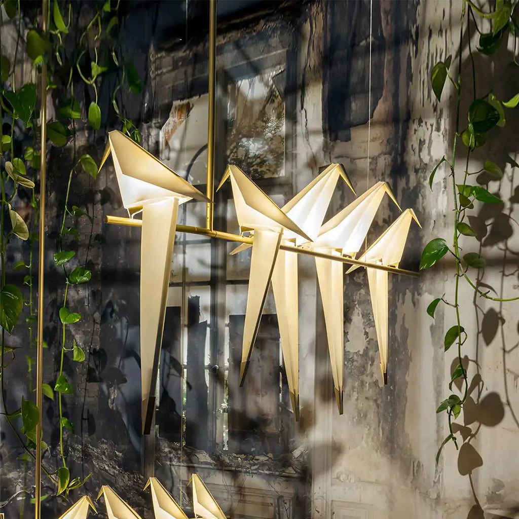 Origami Paper Crane Chandelier With Sculptural Hanging Forms