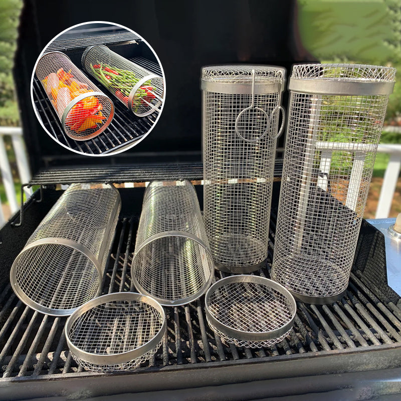 Cesta giratoria para barbacoa - Giro de 360° - Distribución uniforme del calor - Acero inoxidable | ribuella