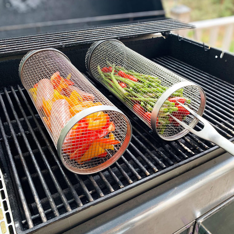 Cesta giratoria para barbacoa - Giro de 360° - Distribución uniforme del calor - Acero inoxidable | ribuella