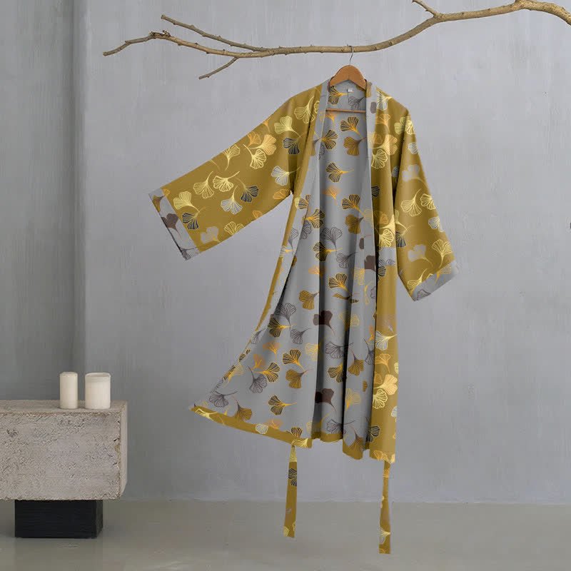 KomiLeaf Organic Cotton Reversible Kimono Bathrobe, Wide Sleeves