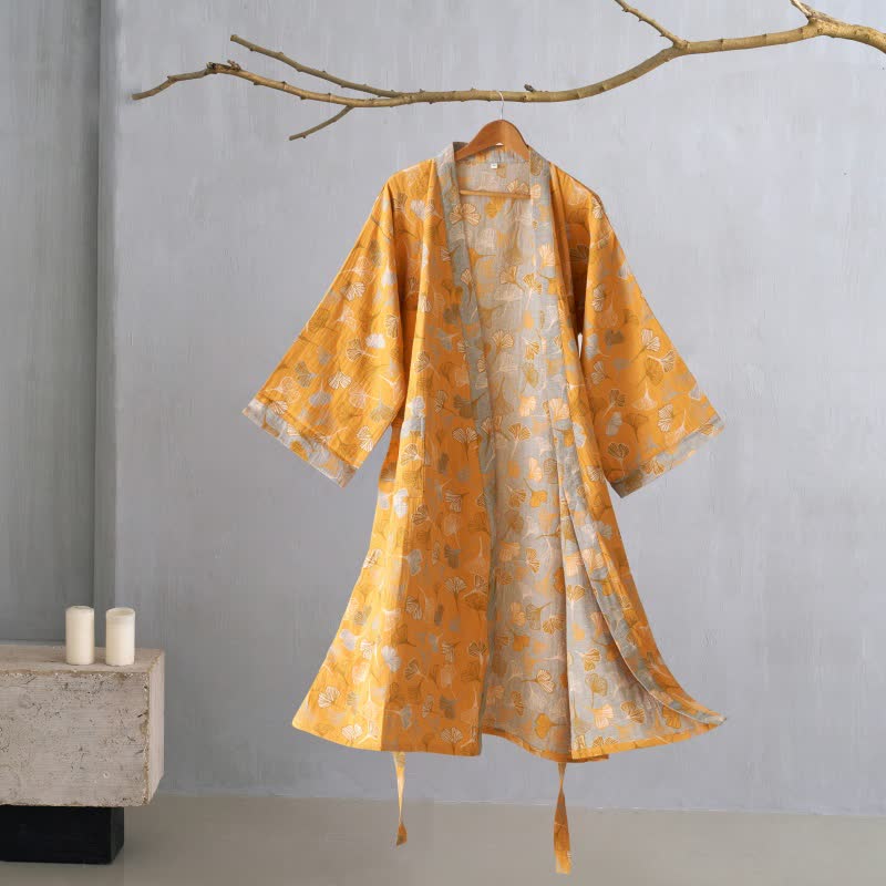 KomiLeaf Organic Cotton Reversible Kimono Bathrobe, Wide Sleeves