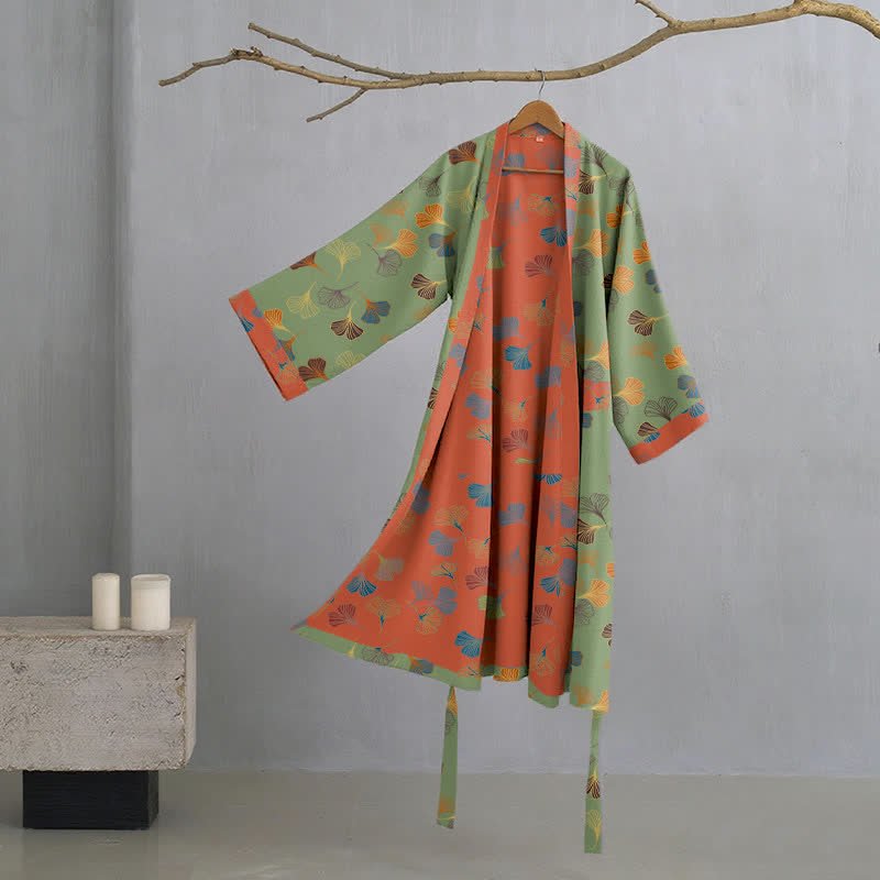 KomiLeaf Organic Cotton Reversible Kimono Bathrobe, Wide Sleeves