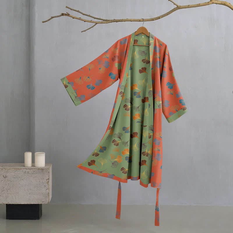 KomiLeaf Organic Cotton Reversible Kimono Bathrobe, Wide Sleeves