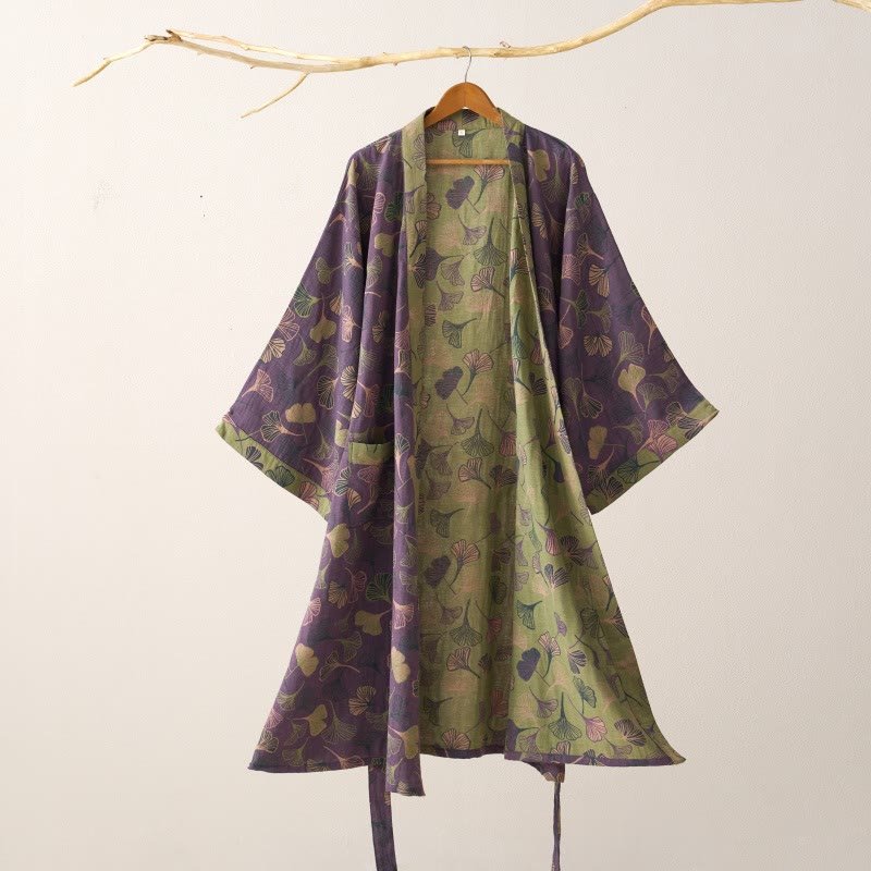 KomiLeaf Organic Cotton Reversible Kimono Bathrobe, Wide Sleeves