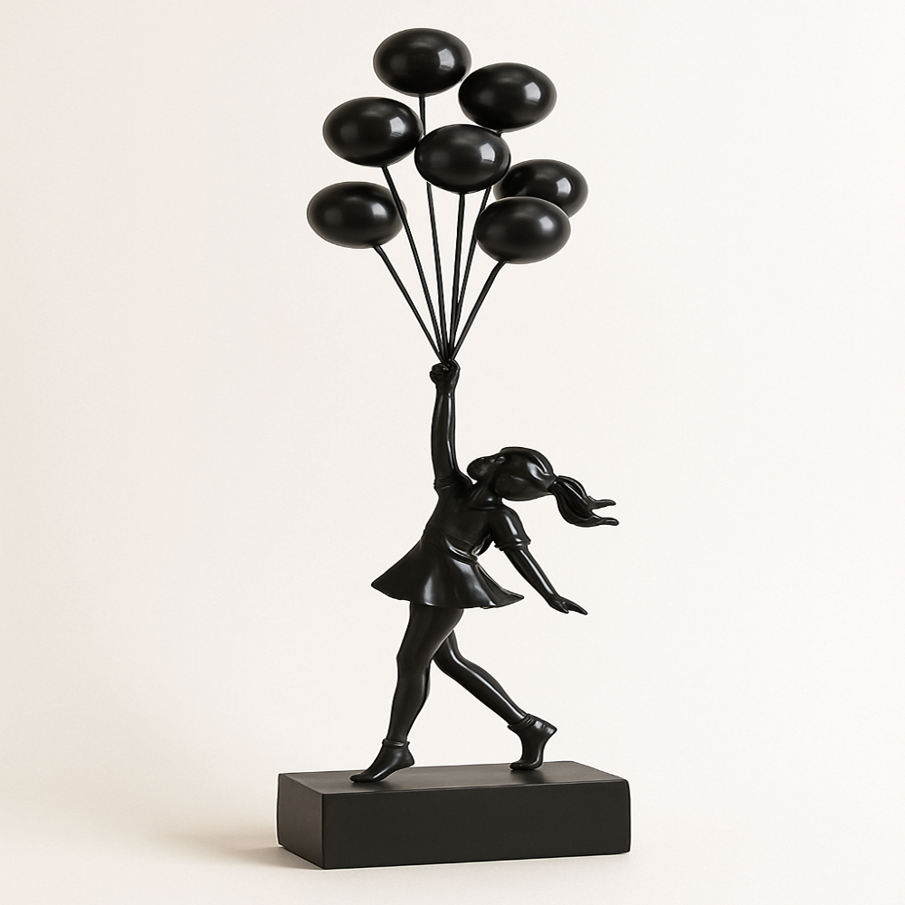 Modern léggömbös lány szobor — minimalista, kontúrozott művészi figura