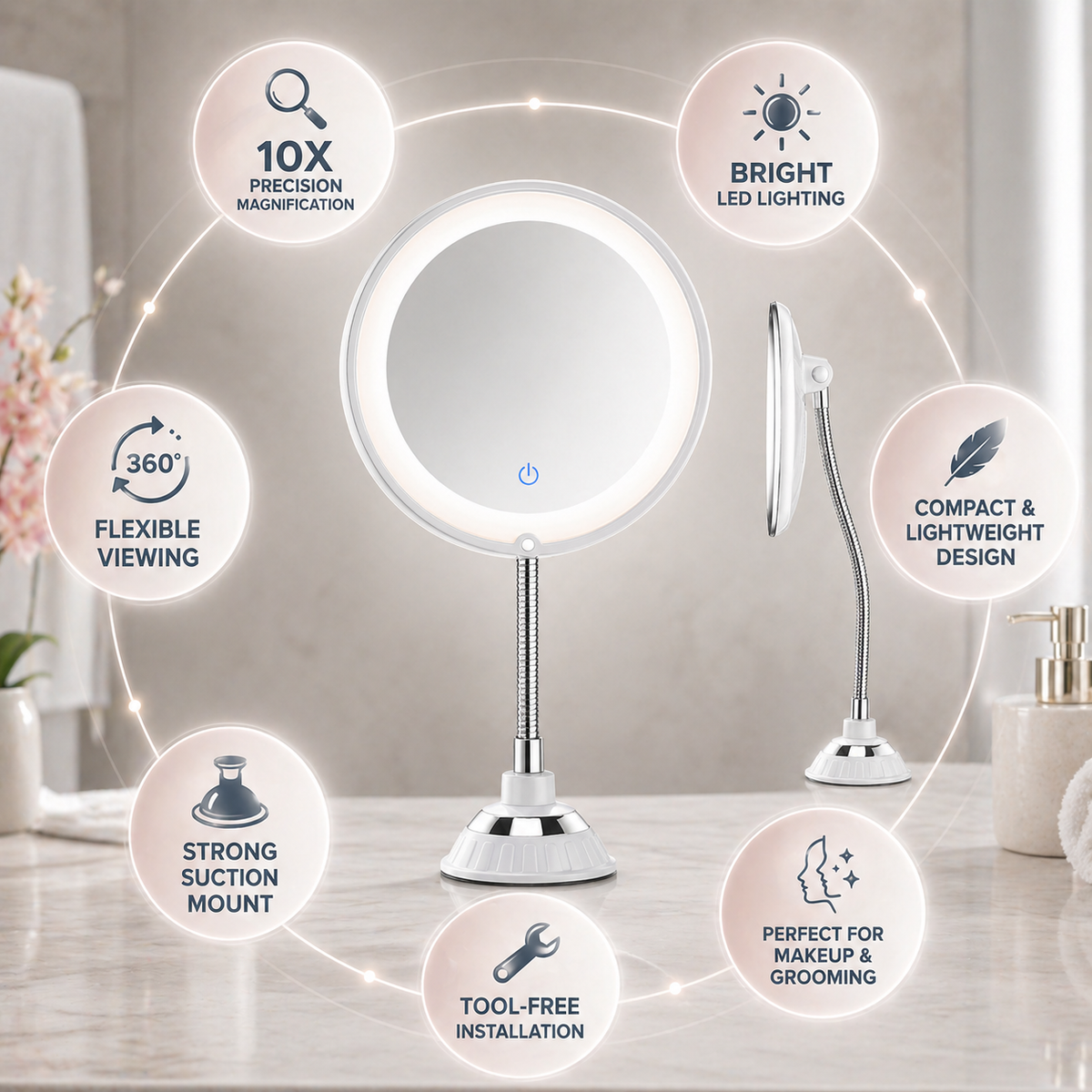 Adjustable LED Magnifying Mirror Suction Mount Flexible Rotating Arm