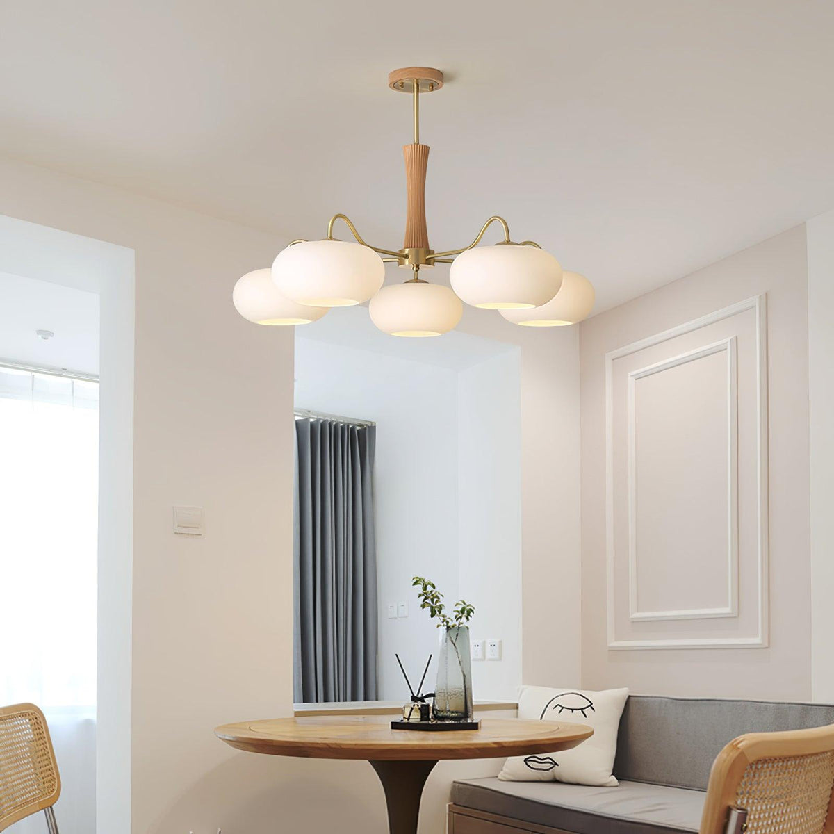 Candy Brass Wooden Glass Persimmon Chandelier, Three Frosted Globes