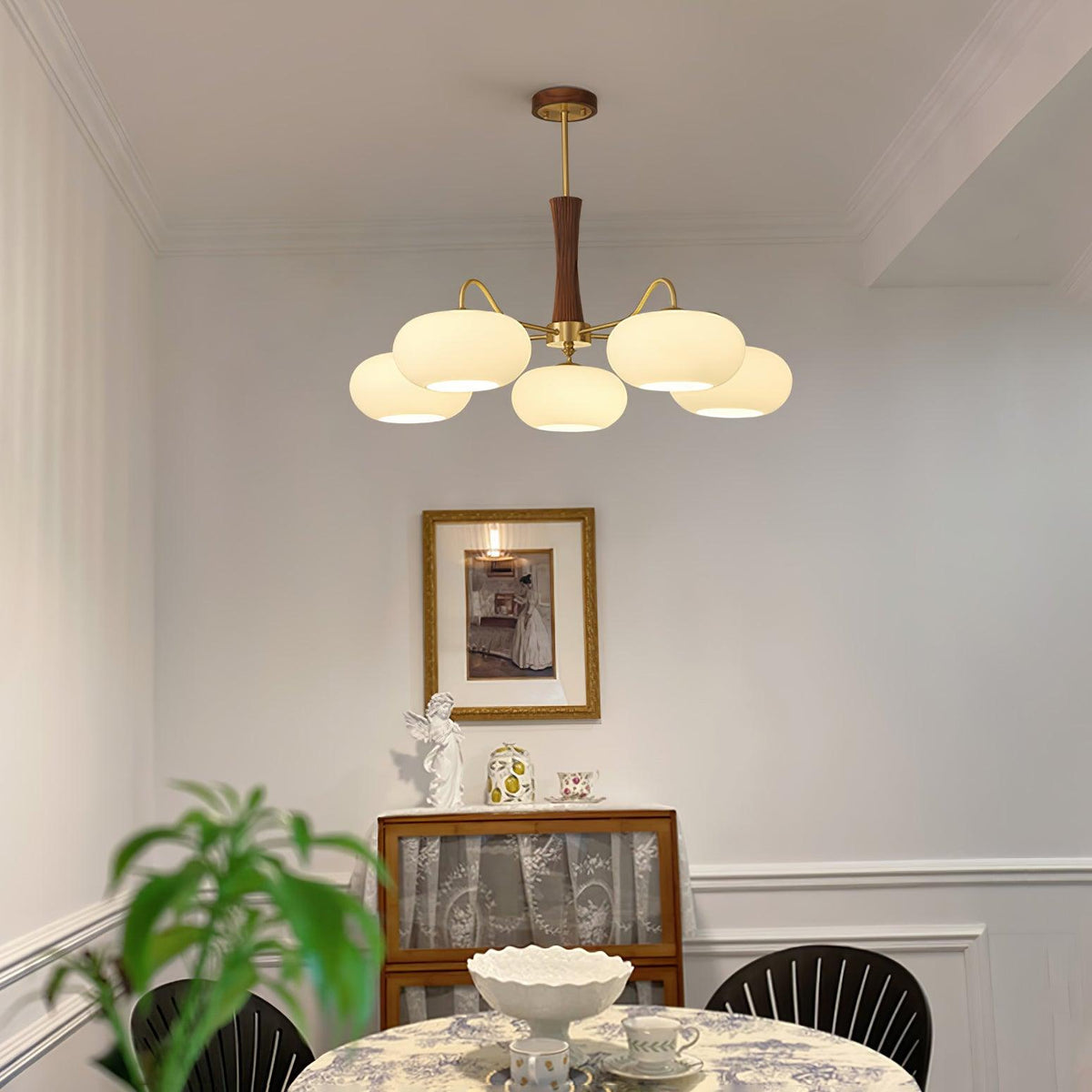 Candy Brass Wooden Glass Persimmon Chandelier, Three Frosted Globes