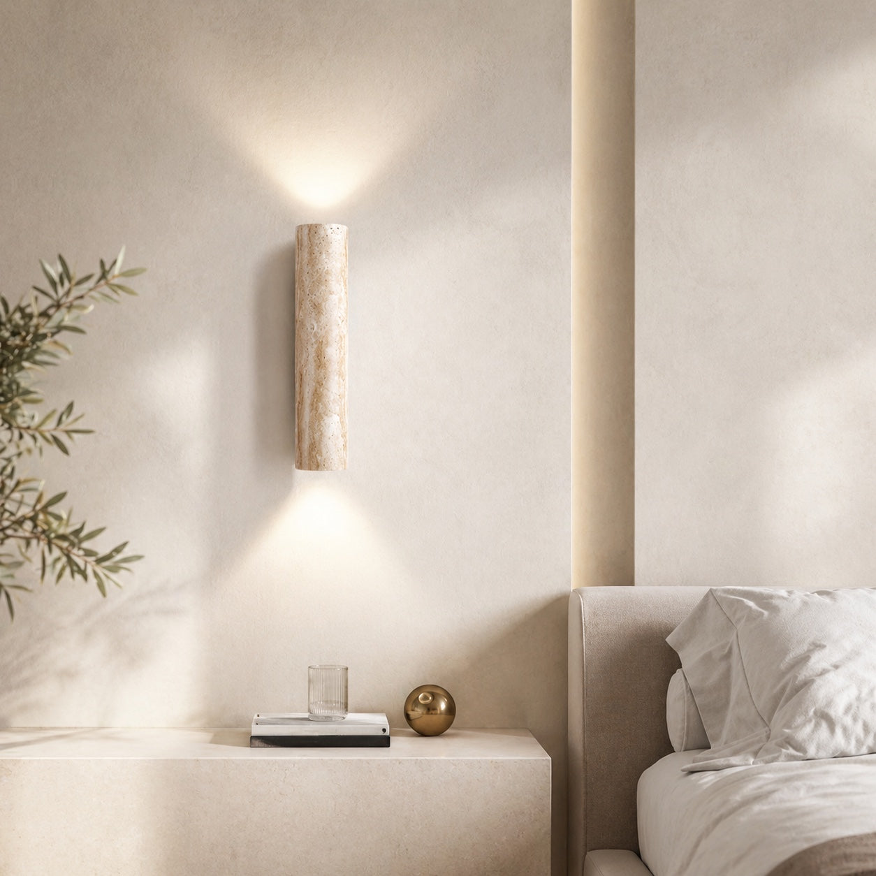 Applique murale minimaliste à éclairage haut et bas, travertin, LED, pierre naturelle, câblage fixe, 3000K | ribuella