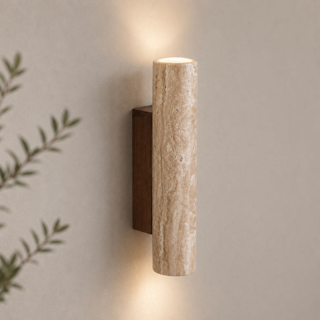 Applique murale minimaliste à éclairage haut et bas, travertin, LED, pierre naturelle, câblage fixe, 3000K | ribuella