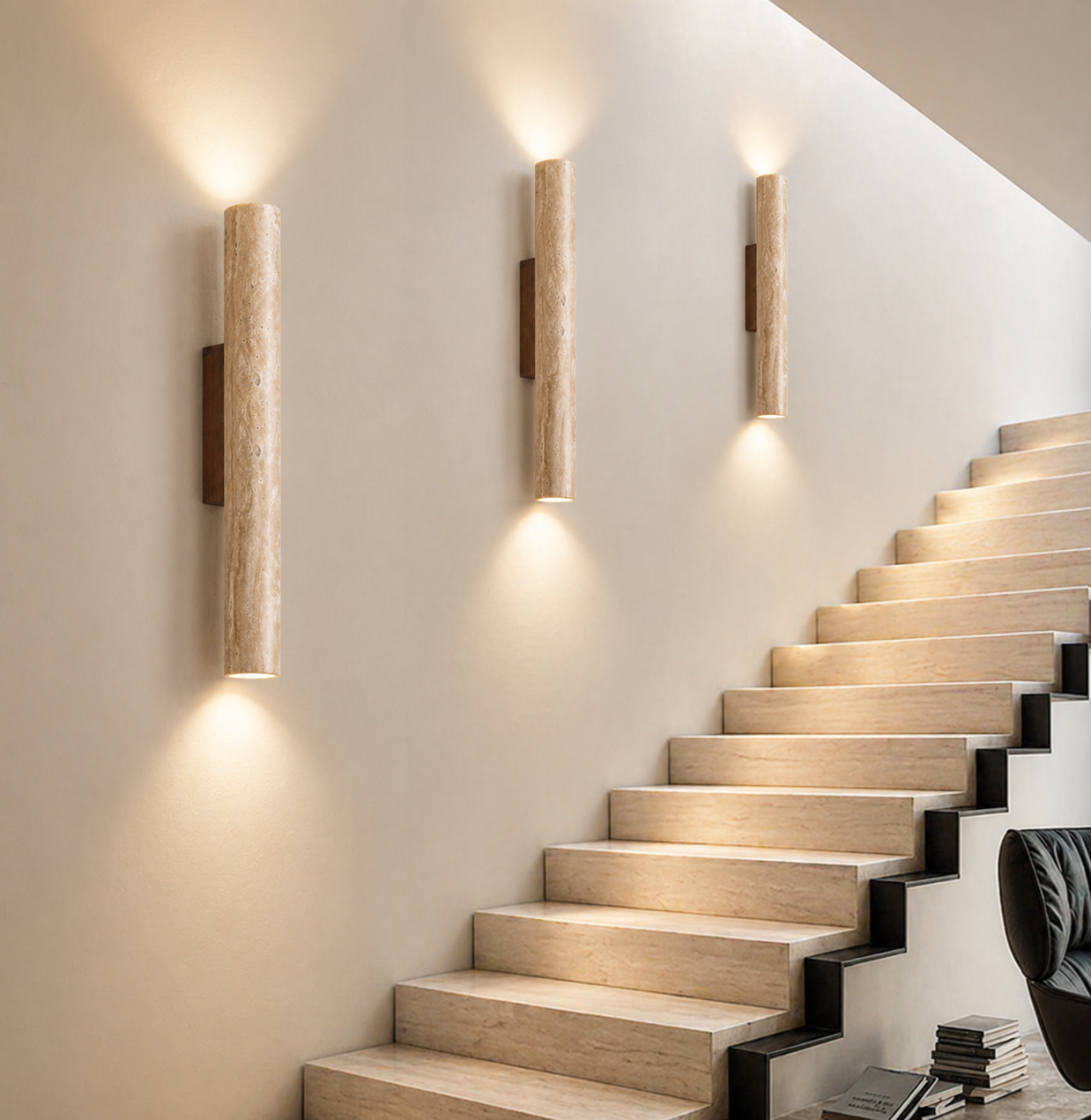 Applique murale minimaliste à éclairage haut et bas, travertin, LED, pierre naturelle, câblage fixe, 3000K | ribuella