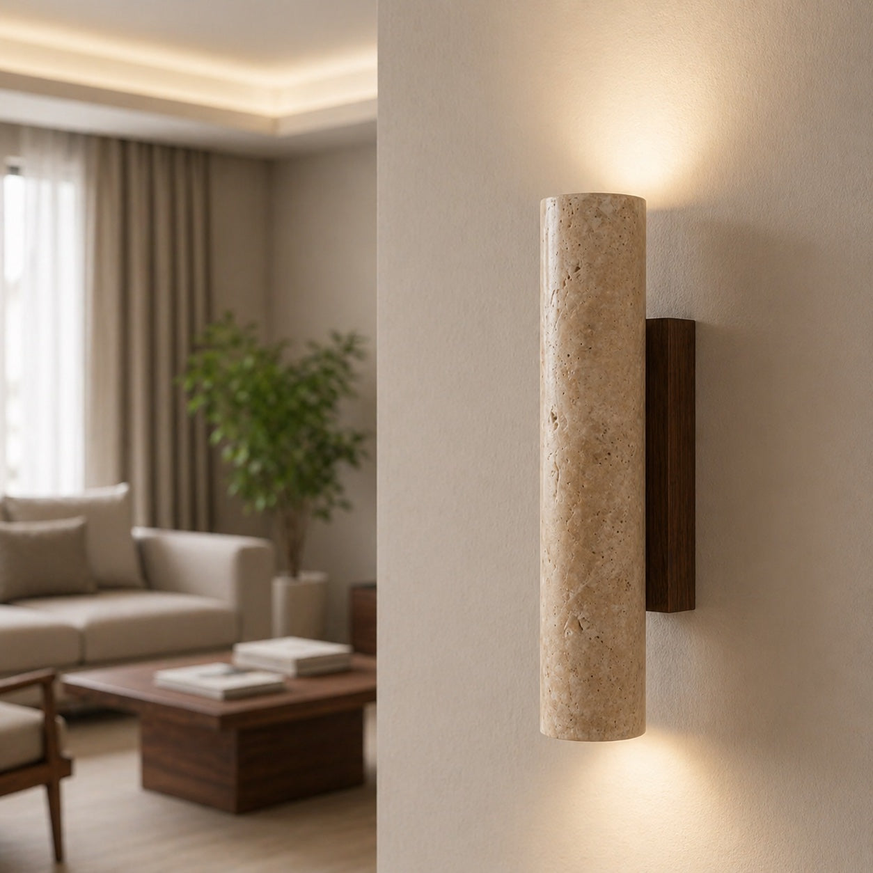 Applique murale minimaliste à éclairage haut et bas, travertin, LED, pierre naturelle, câblage fixe, 3000K | ribuella