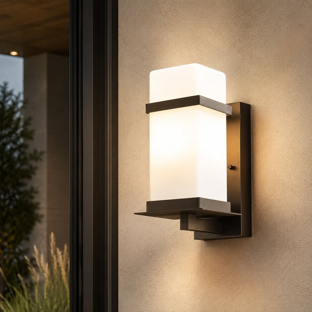 Contemporary Outdoor Wall Light Wall Mounted Metal Frame Glass Shade IP65 Waterproof LED | ribuella
