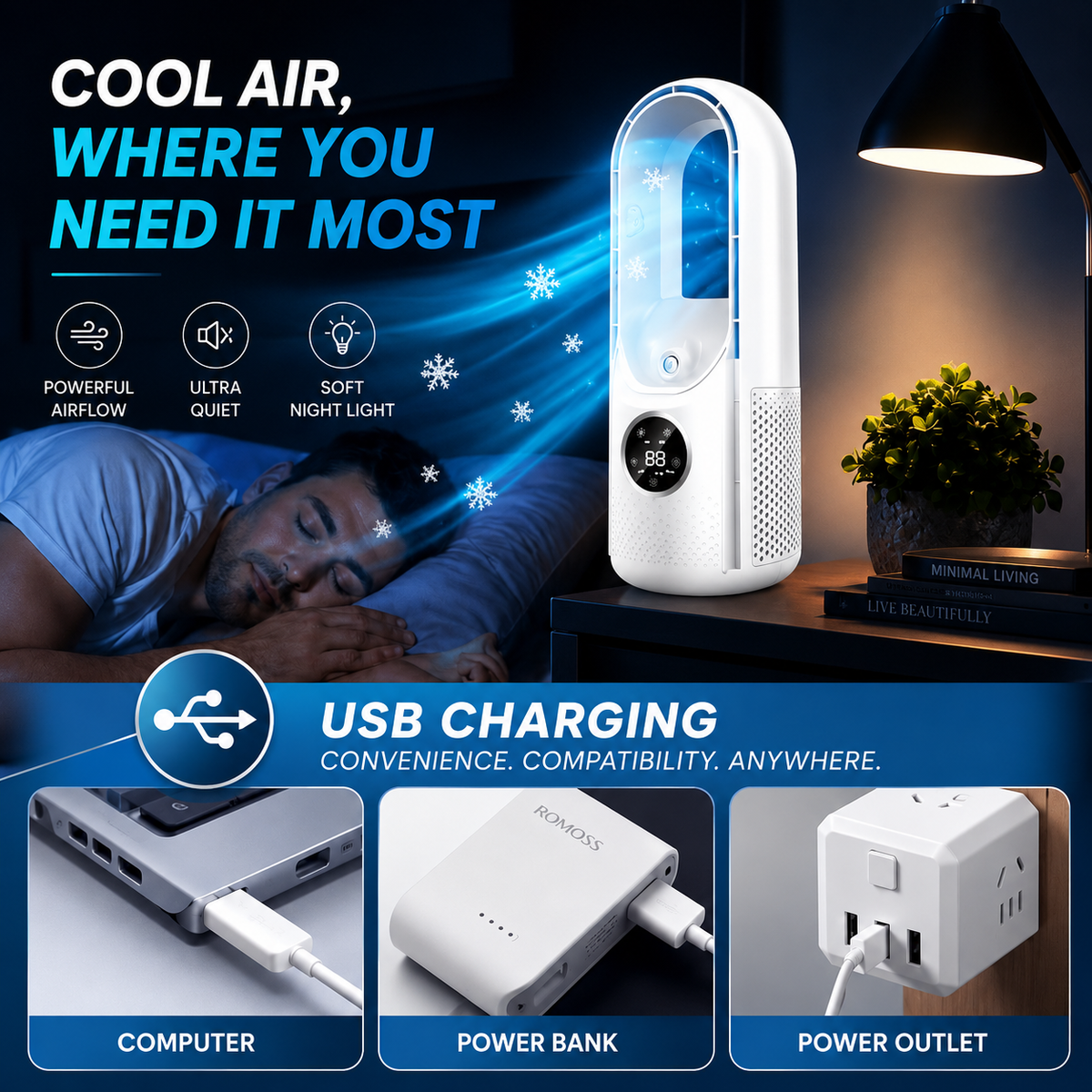 Portable Bladeless Tower Fan - Adjustable Airflow And Quiet Cooling