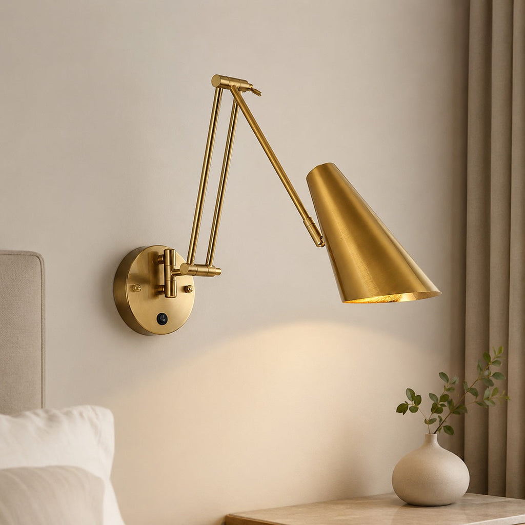 Industrial Wall Light Adjustable Swing Arm Metal Fixture Matte Black and Gold Accents LED | ribuella