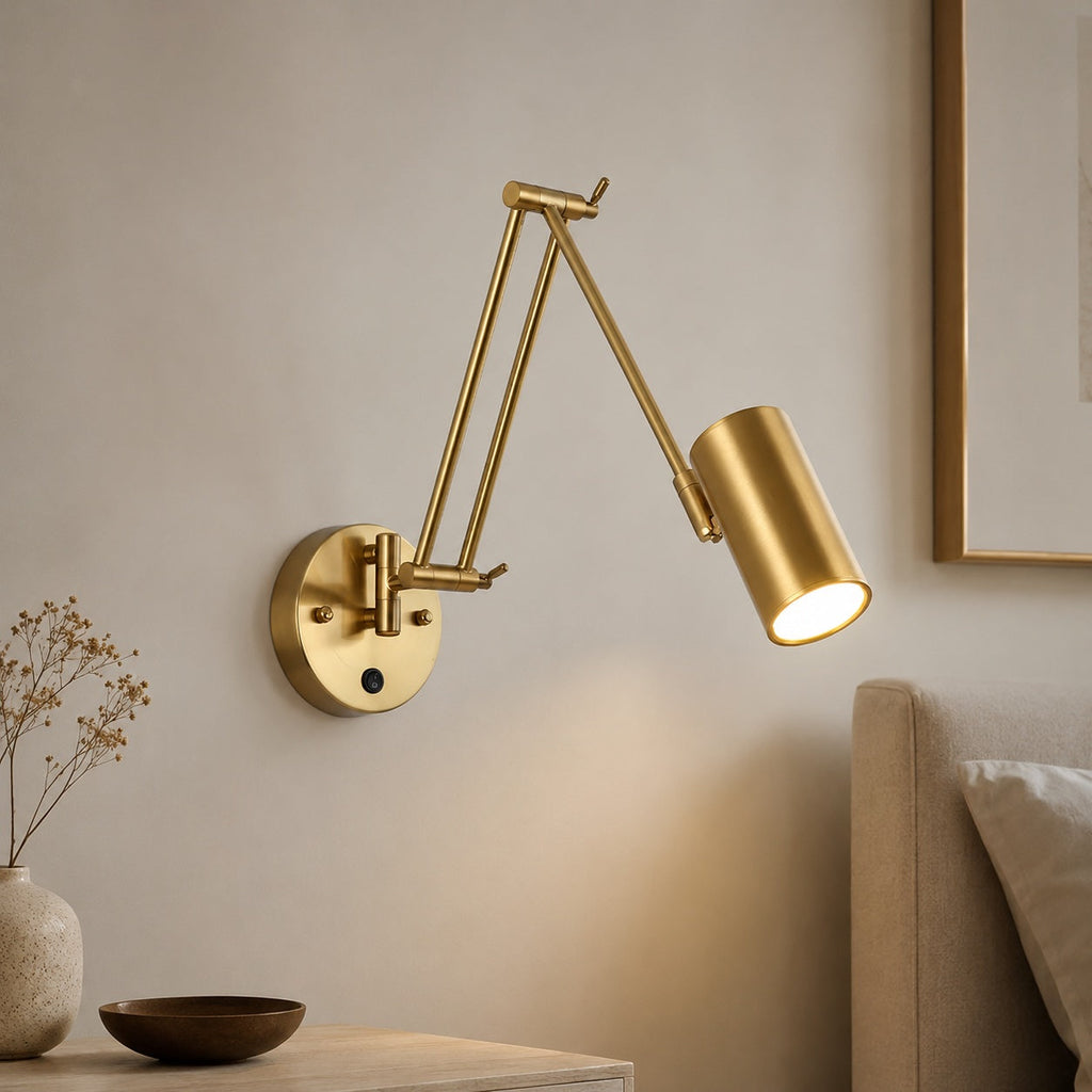 Industrial Wall Light Adjustable Swing Arm Metal Fixture Matte Black and Gold Accents LED | ribuella