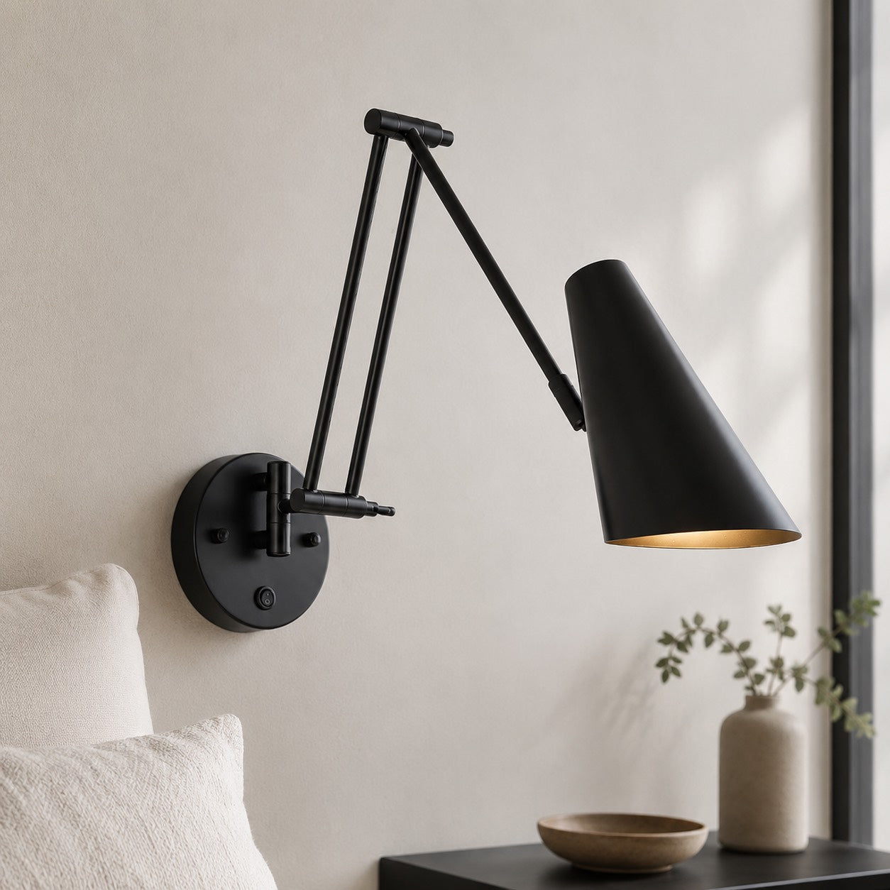 Industrial Wall Light Adjustable Swing Arm Metal Fixture Matte Black and Gold Accents LED | ribuella