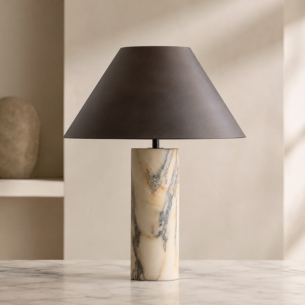 Modern Marble Table Lamp Adjustable Black Fabric Shade LED Compatible for Bedside or Desk | ribuella