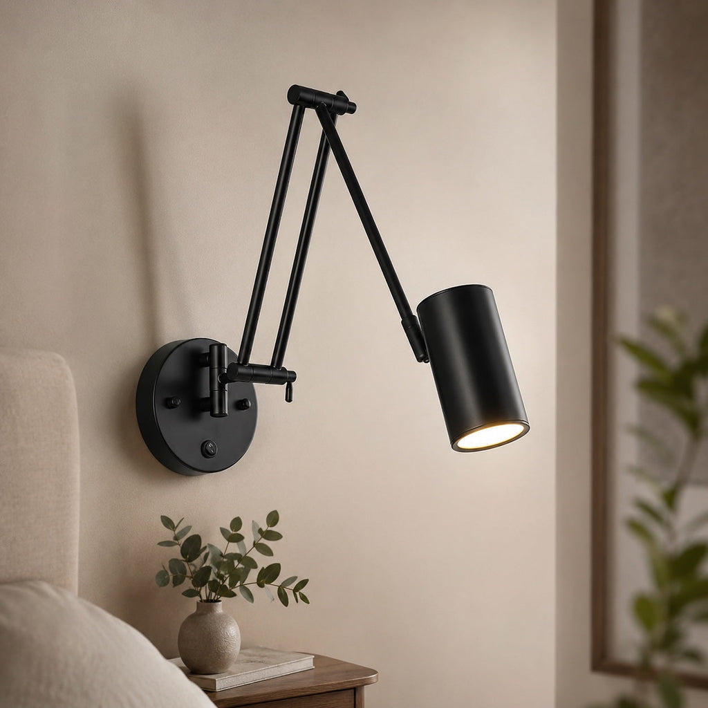 Industrial Wall Light Adjustable Swing Arm Metal Fixture Matte Black and Gold Accents LED | ribuella