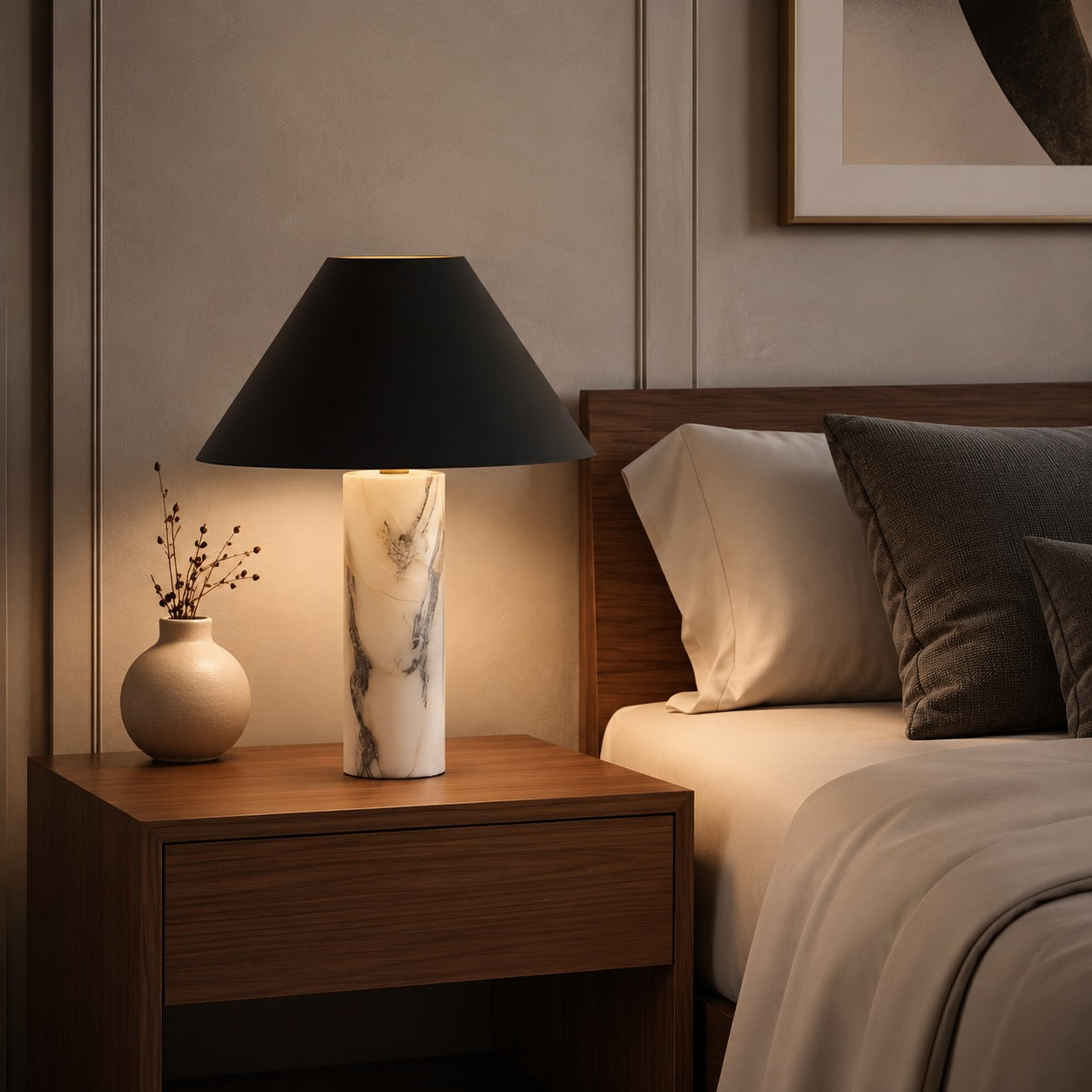 Modern Marble Table Lamp Adjustable Black Fabric Shade LED Compatible for Bedside or Desk | ribuella