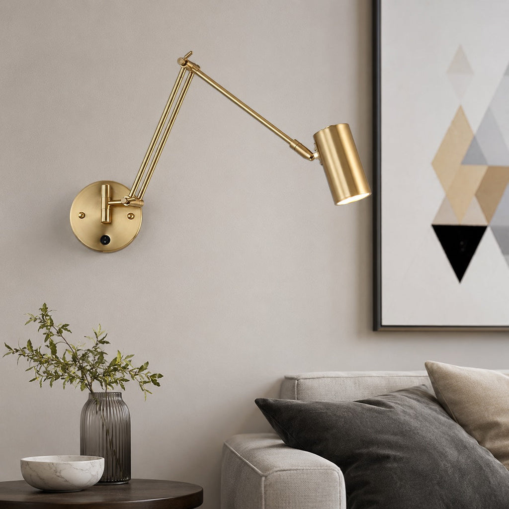 Industrial Wall Light Adjustable Swing Arm Metal Fixture Matte Black and Gold Accents LED | ribuella
