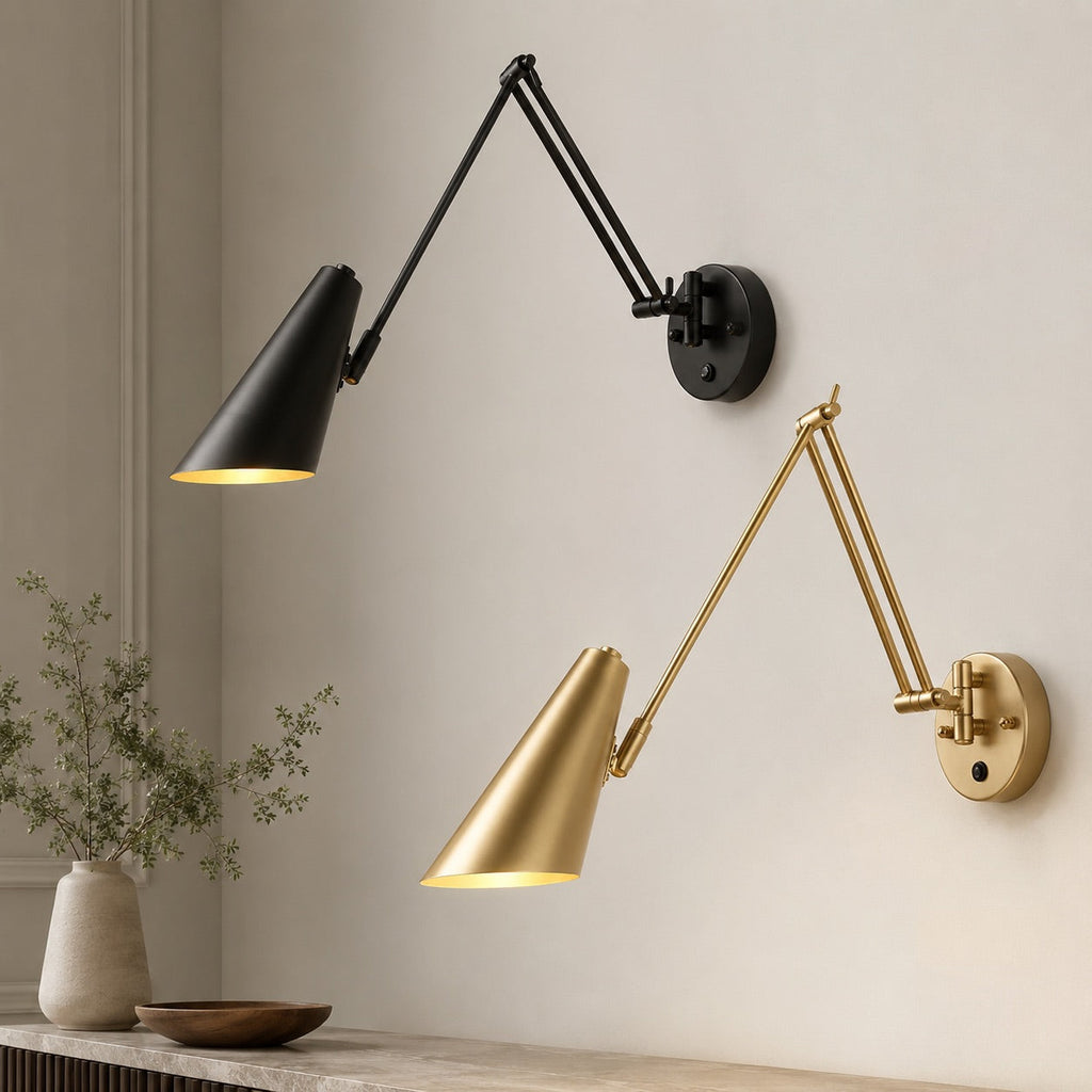 Industrial Wall Light Adjustable Swing Arm Metal Fixture Matte Black and Gold Accents LED | ribuella