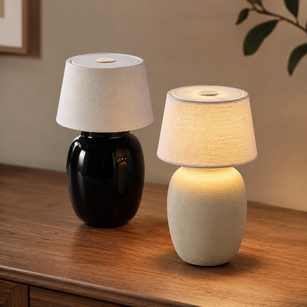Lampe de table moderne en céramique, sans fil, avec LED réglable, finition crème chaude et taupe sable | ribuella