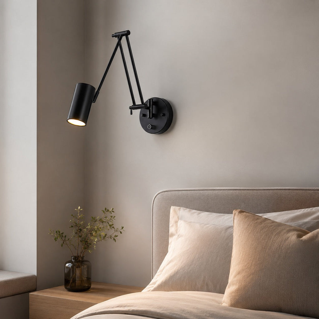 Industrial Wall Light Adjustable Swing Arm Metal Fixture Matte Black and Gold Accents LED | ribuella