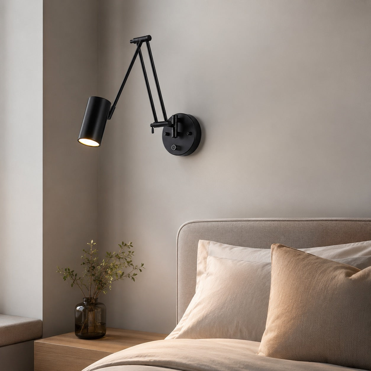 Industrial Wall Light Adjustable Swing Arm Metal Fixture Matte Black and Gold Accents LED | ribuella