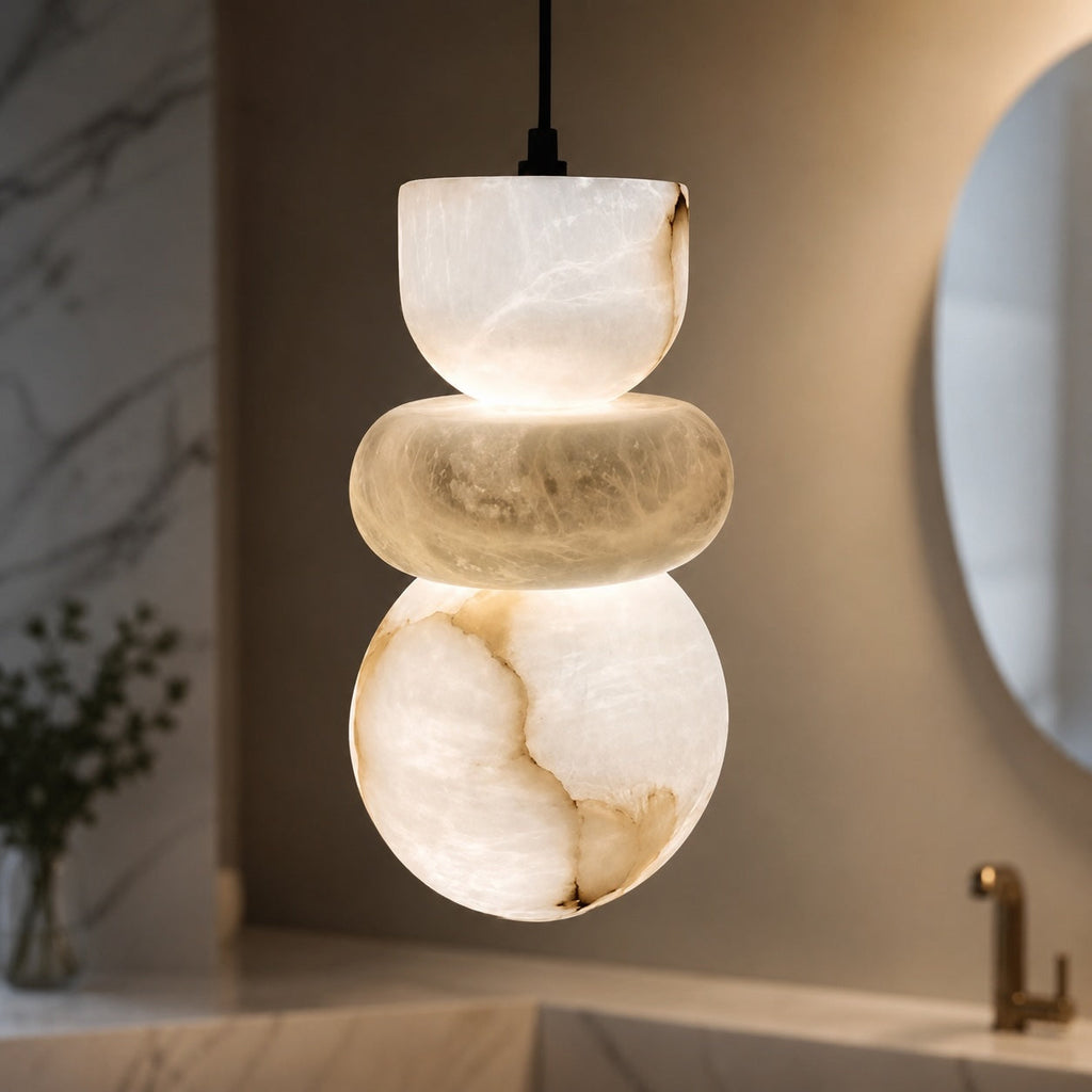 Suspension minimaliste avec abat-jour en marbre et lumière LED chaude pour éclairage suspendu de cuisine | ribuella