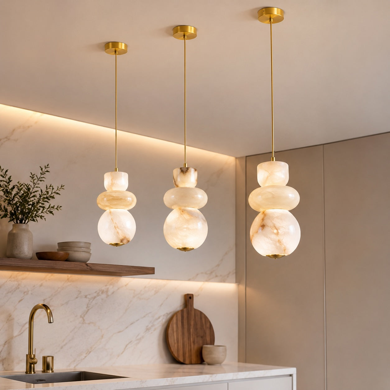 Suspension minimaliste avec abat-jour en marbre et lumière LED chaude pour éclairage suspendu de cuisine | ribuella